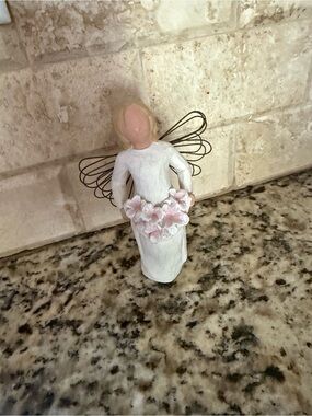 Willow Tree Angel Figurine in White with Pink Flowers and Blonde Hair